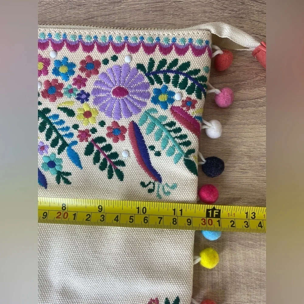 Steven By Steve Madden Jyme Colorful Embroidered Pom Pom Clutch Pouch Natural
